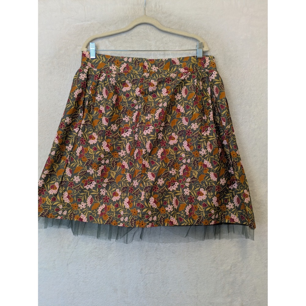 Modbe Women's Size XL Floral A-Line Skirt Gray Pink Mustard Tulle Trim Hem Lined